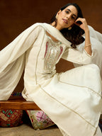 Janasya Women's White Silk Blend Embroidered Straight Kurta Set