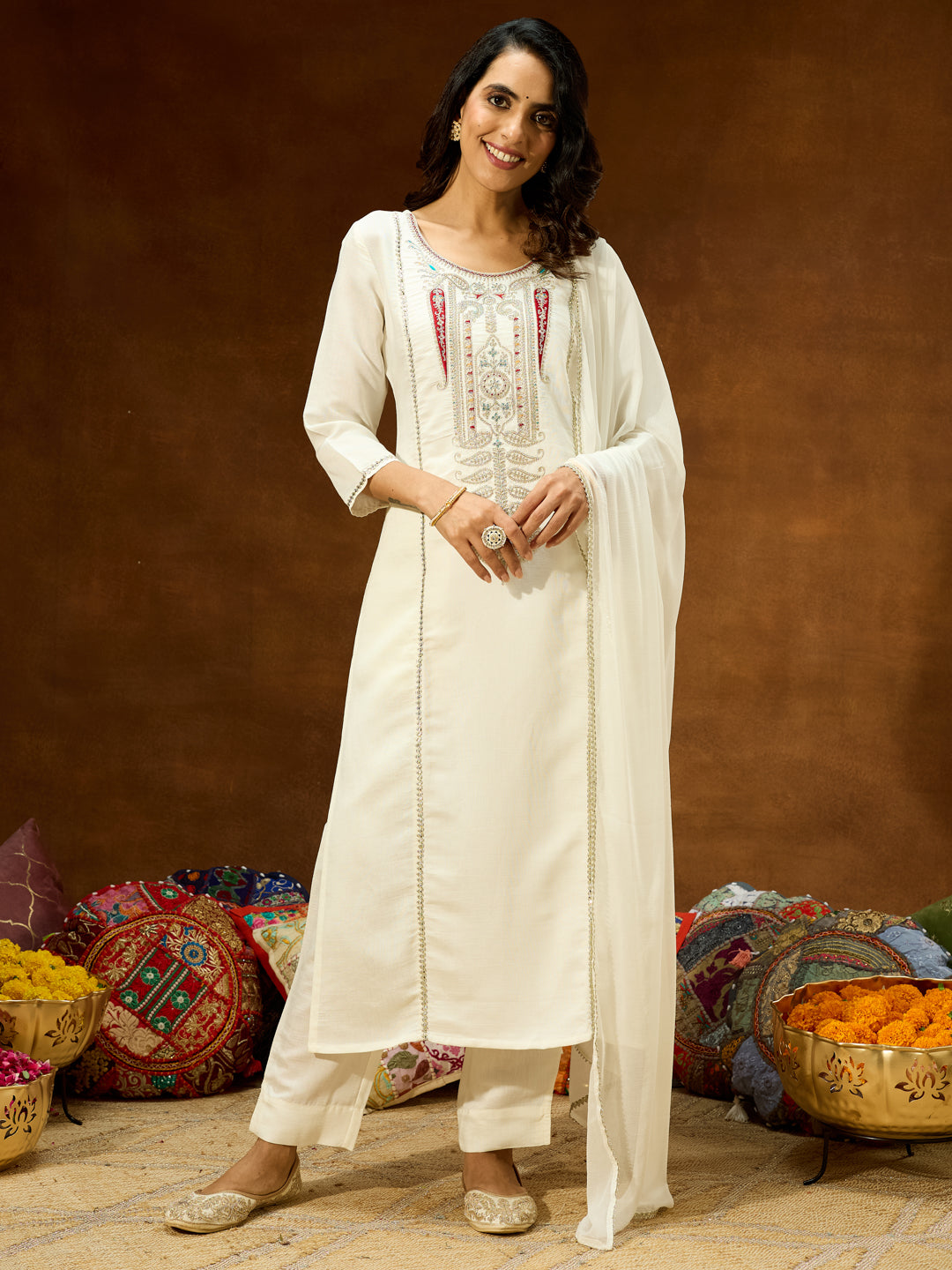 Janasya Women's White Silk Blend Embroidered Straight Kurta Set - qivii