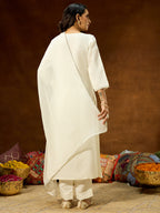 Janasya Women's White Silk Blend Embroidered Straight Kurta Set