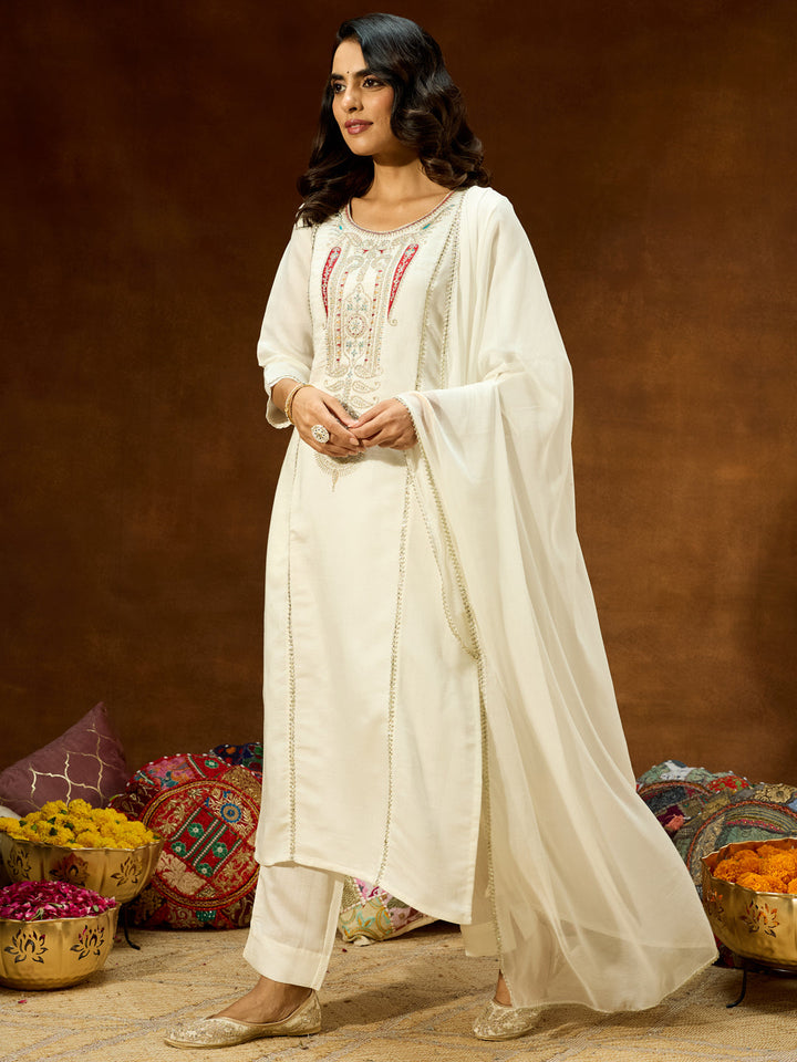 Janasya Women's White Silk Blend Embroidered Straight Kurta Set - qivii