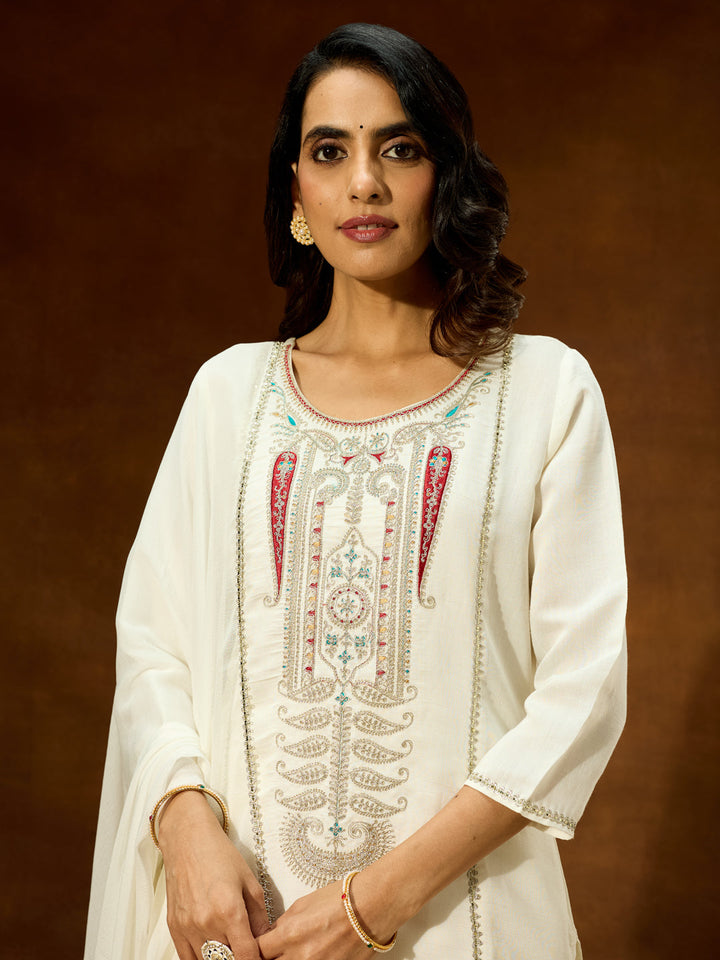 Janasya Women's White Silk Blend Embroidered Straight Kurta Set - qivii