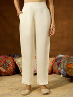 Janasya Women's White Silk Blend Embroidered Straight Kurta Set