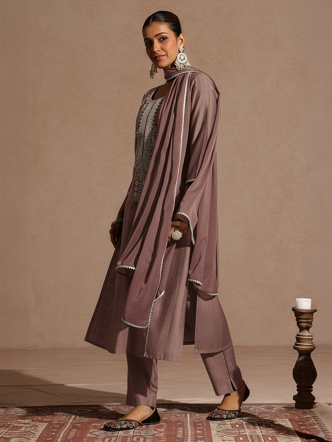 Janasya Women's Brown Silk Blend Embroidered Straight Kurta Set