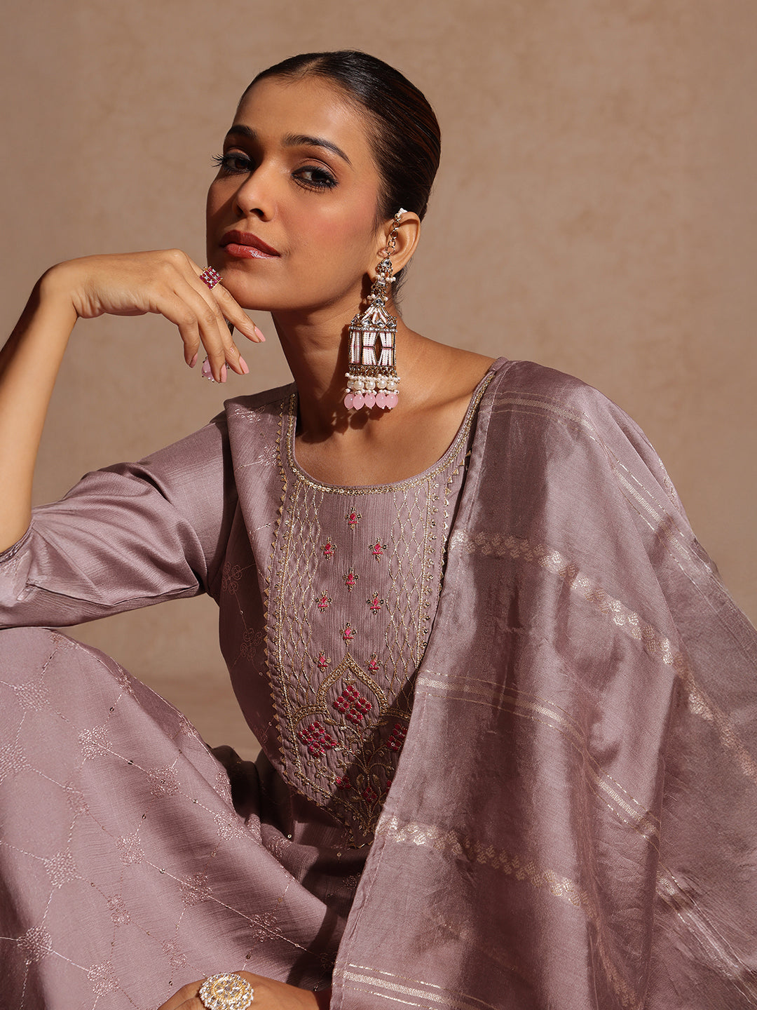 Janasya Women's Brown Silk Blend Embellished Straight Kurta Set