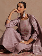 Janasya Women's Brown Silk Blend Embellished Straight Kurta Set