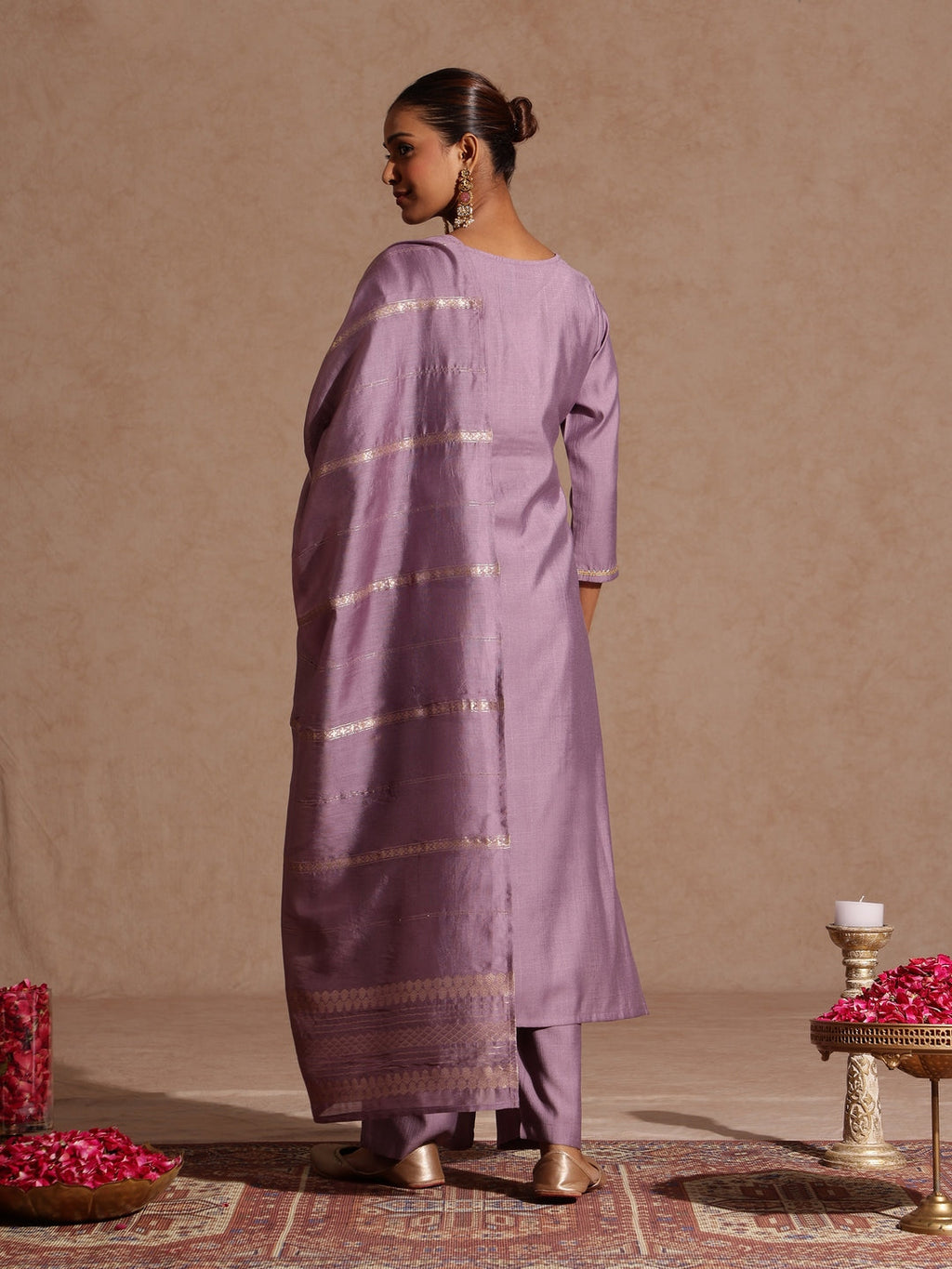 Janasya Women's Lavender Silk Blend Embellished Straight Kurta Set