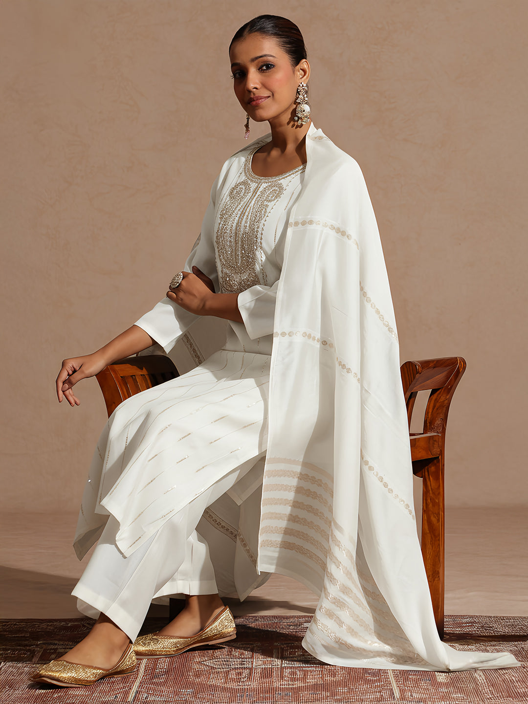 Janasya Women's Off White Silk Blend Embellished Zari Embroidered Straight Kurta Set - qivii