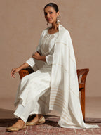 Janasya Women's Off White Silk Blend Embellished Zari Embroidered Straight Kurta Set