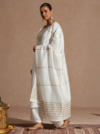 Janasya Women's Off White Silk Blend Embellished Zari Embroidered Straight Kurta Set