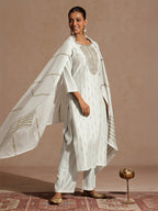 Janasya Women's Off White Silk Blend Embellished Zari Embroidered Straight Kurta Set