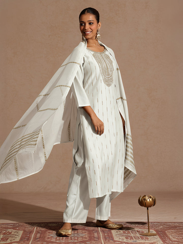 Janasya Women's Off White Silk Blend Embellished Zari Embroidered Straight Kurta Set - qivii