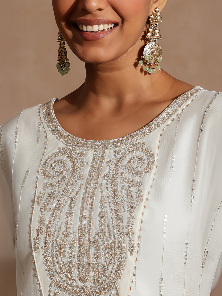 Janasya Women's Off White Silk Blend Embellished Zari Embroidered Straight Kurta Set - qivii