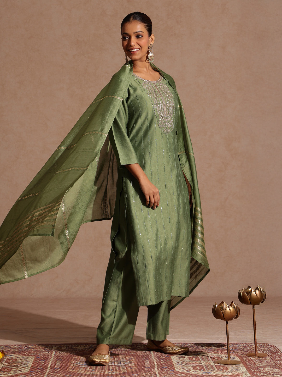 Janasya Women's Green Silk Blend Embellished Straight Kurta Set - qivii