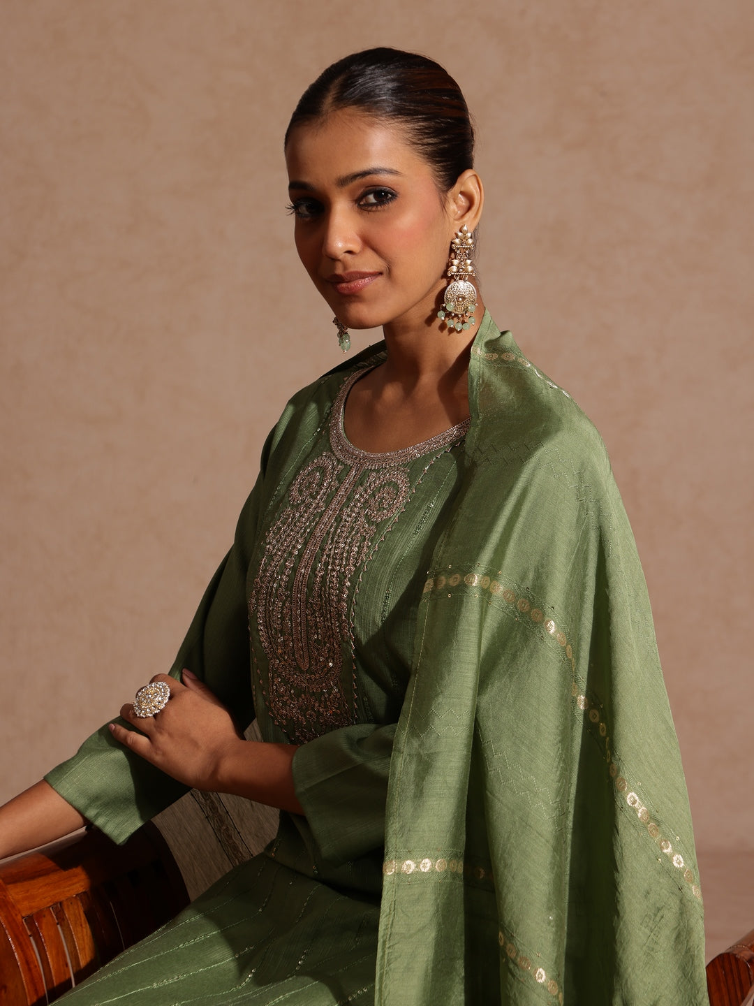 Janasya Women's Green Silk Blend Embellished Straight Kurta Set - qivii