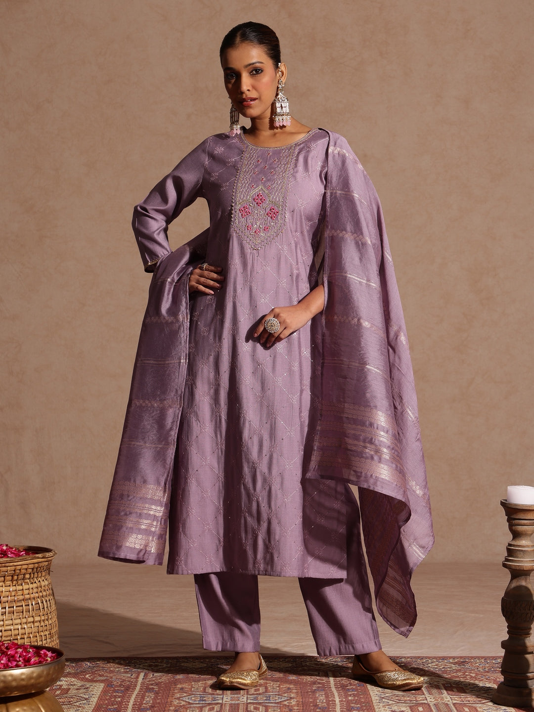 Janasya Women's Lavender Silk Blend Embellished Straight Kurta Set - qivii