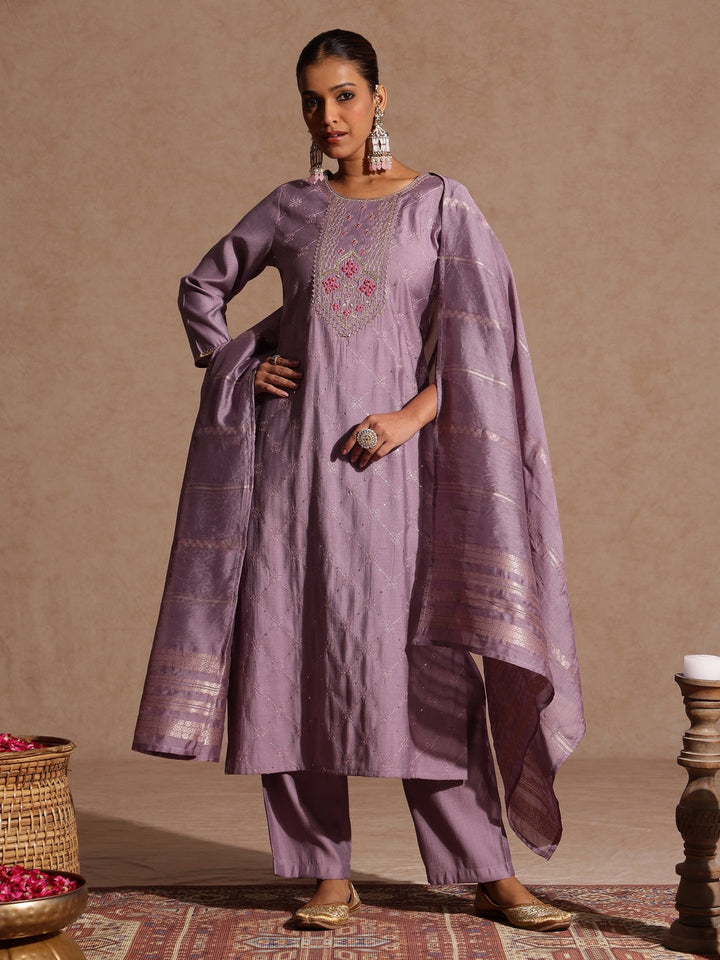 Janasya Women's Lavender Silk Blend Embellished Straight Kurta Set - qivii