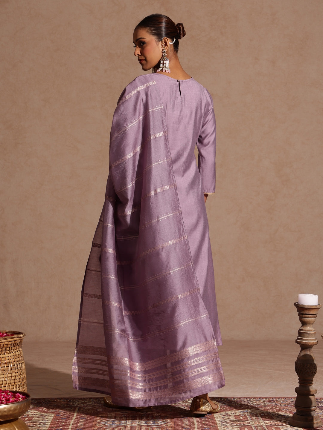 Janasya Women's Lavender Silk Blend Embellished Straight Kurta Set - qivii