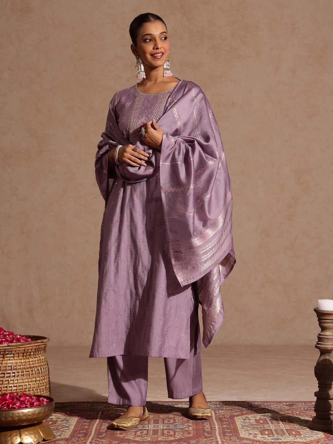 Janasya Women's Lavender Silk Blend Embellished Straight Kurta Set - qivii