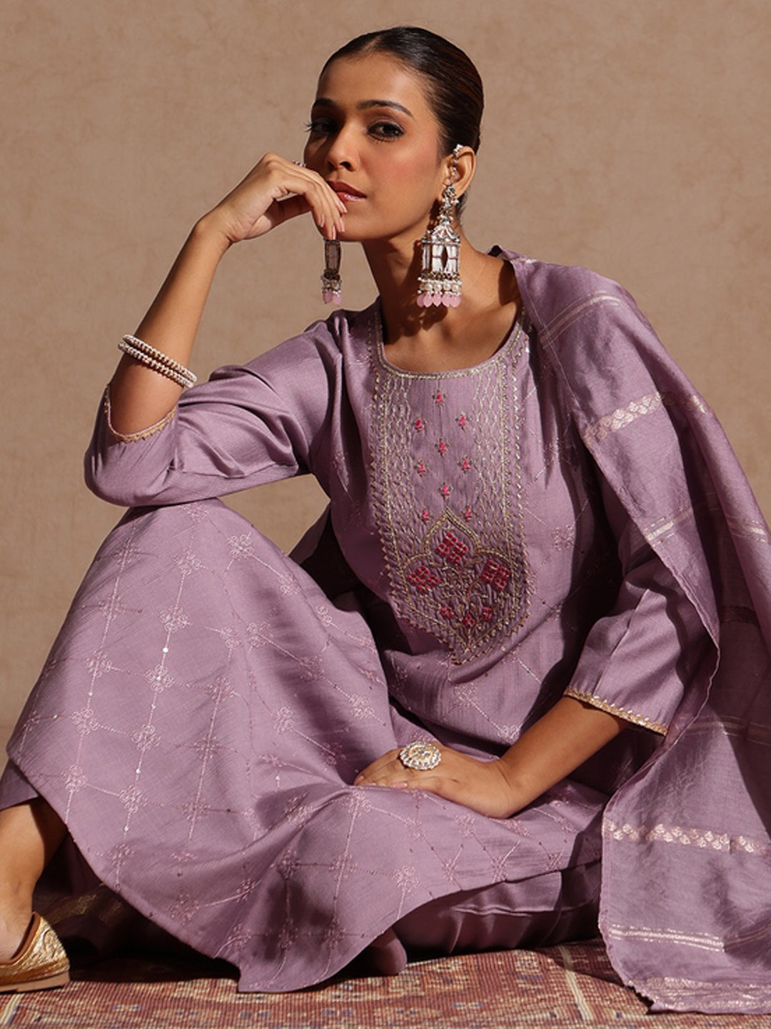 Janasya Women's Lavender Silk Blend Embellished Straight Kurta Set - qivii