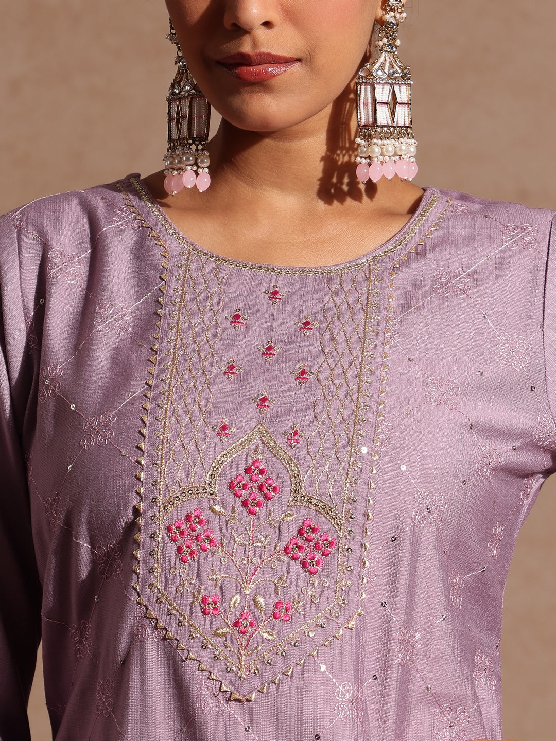 Janasya Women's Lavender Silk Blend Embellished Straight Kurta Set - qivii