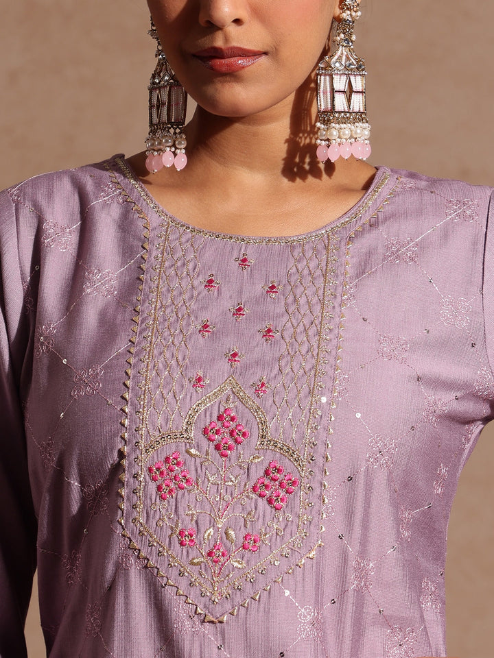 Janasya Women's Lavender Silk Blend Embellished Straight Kurta Set - qivii