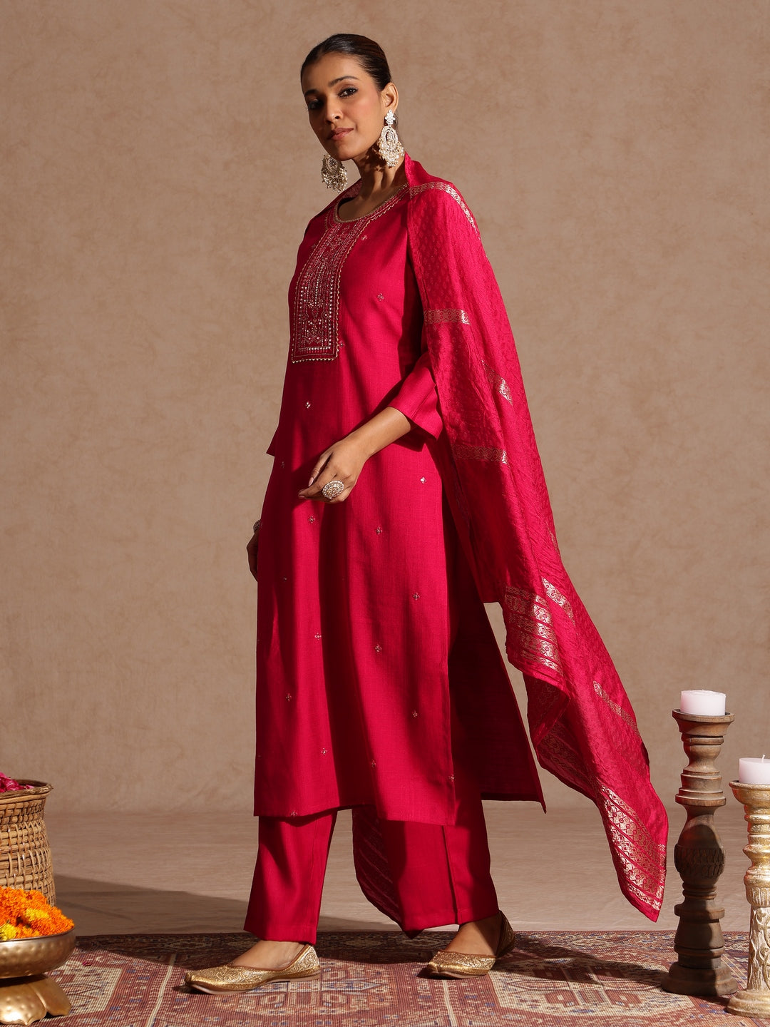 Janasya Women's Pink Silk Blend Embroidered Straight Kurta Set