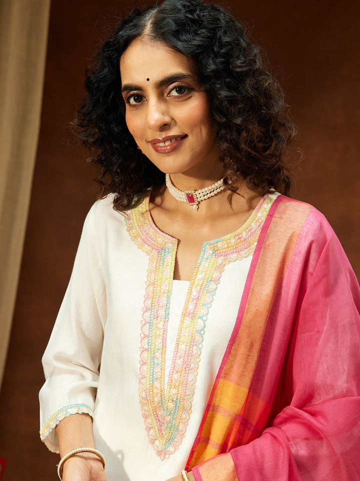 Janasya Women's Off White Silk Blend Embellished Straight Kurta Set