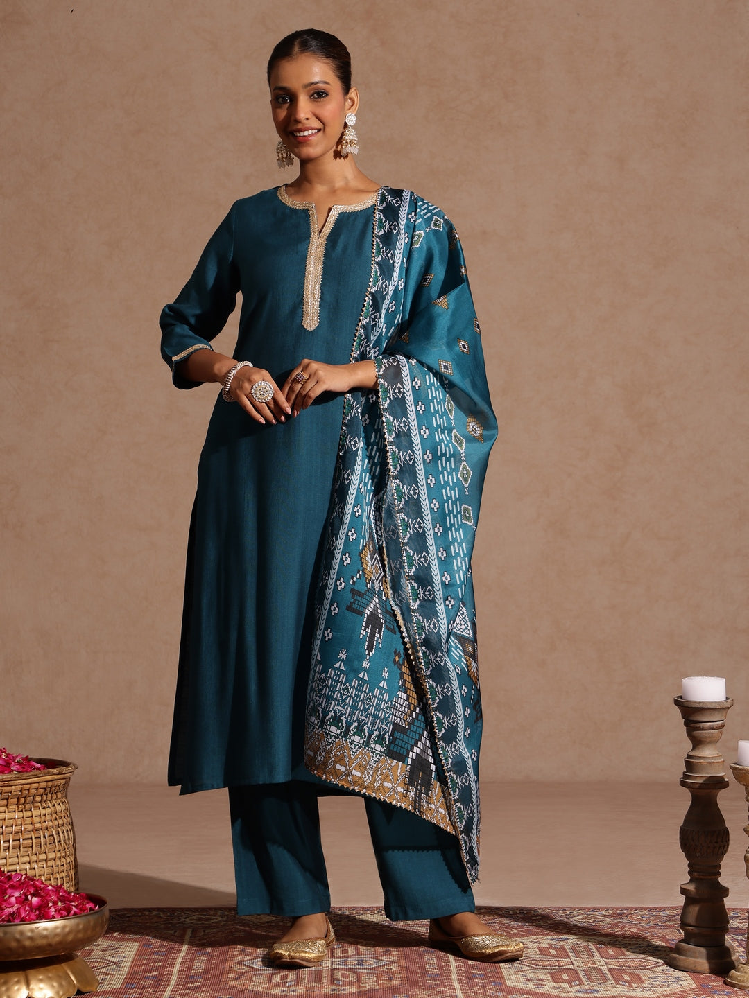 Janasya Women's Teal Blue Silk Blend Yoke Design Straight Kurta Set With Printed Jacquard Dupatta - qivii