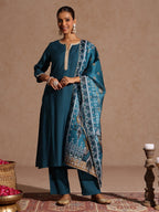 Janasya Women's Teal Blue Silk Blend Yoke Design Straight Kurta Set With Printed Jacquard Dupatta