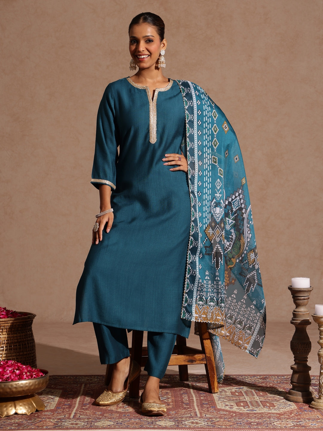 Janasya Women's Teal Blue Silk Blend Yoke Design Straight Kurta Set With Printed Jacquard Dupatta - qivii