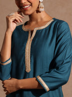 Janasya Women's Teal Blue Silk Blend Yoke Design Straight Kurta Set With Printed Jacquard Dupatta