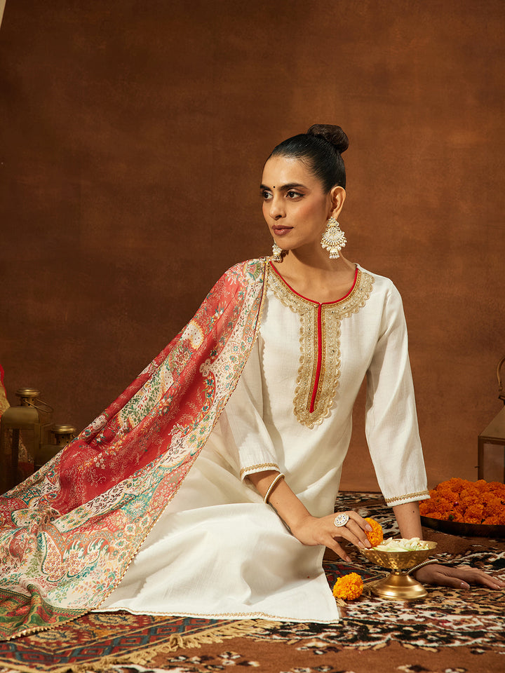 Janasya Women's Off White Silk Blend Embellished Straight Kurta Set