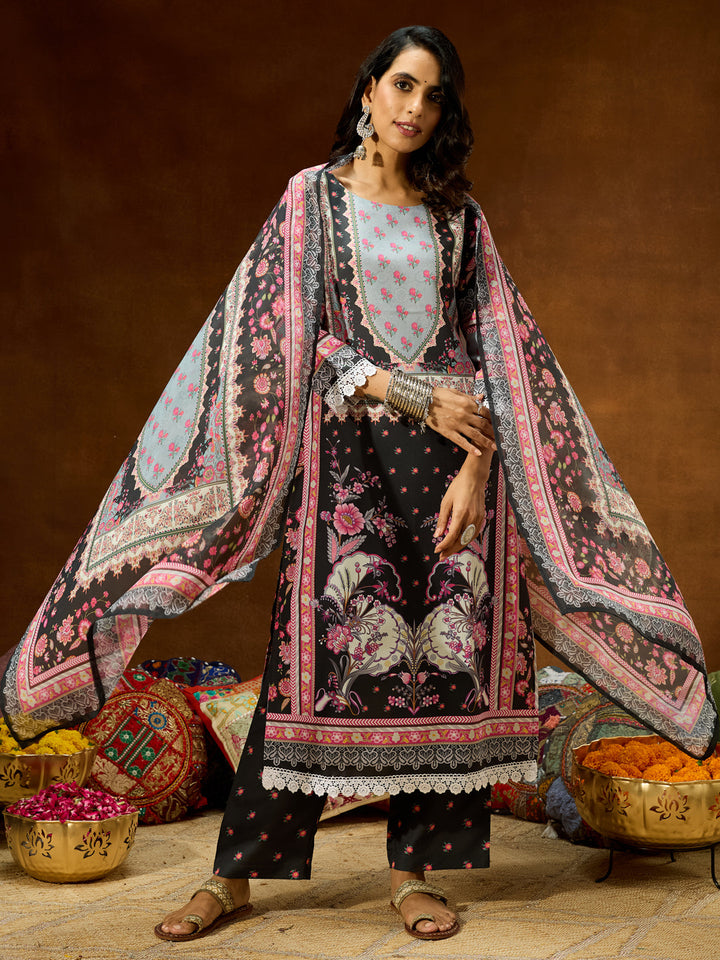 Janasya Women's Black Cotton Blend Floral Printed Straight Kurta Set