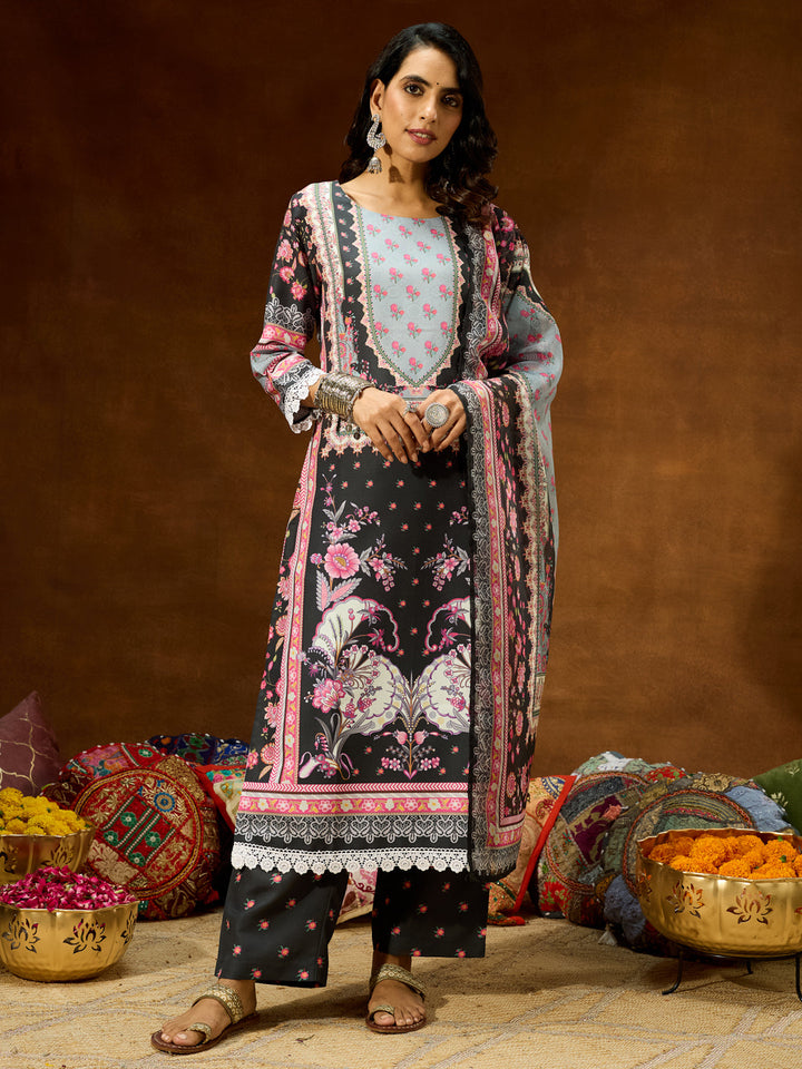 Janasya Women's Black Cotton Blend Floral Printed Straight Kurta Set