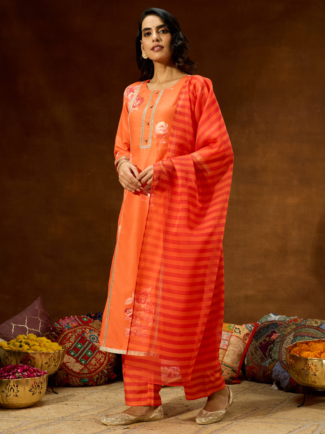 Janasya Women's Orange Cotton Blend Embellished Straight Kurta Set