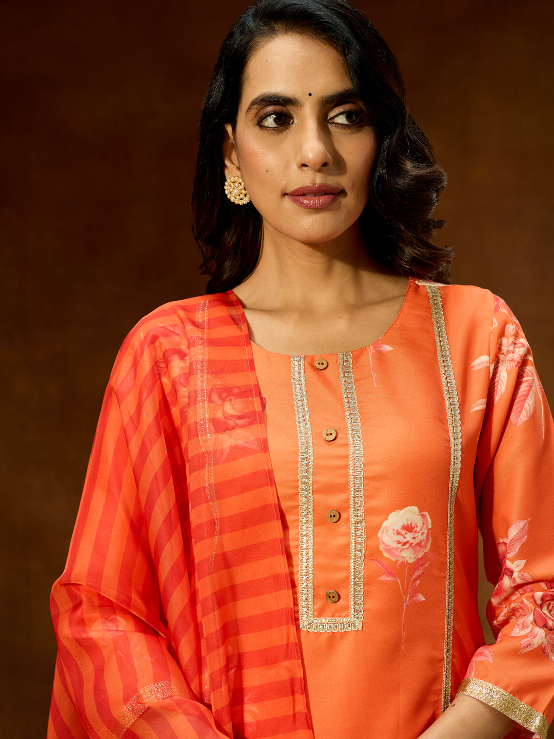 Janasya Women's Orange Cotton Blend Embellished Straight Kurta Set