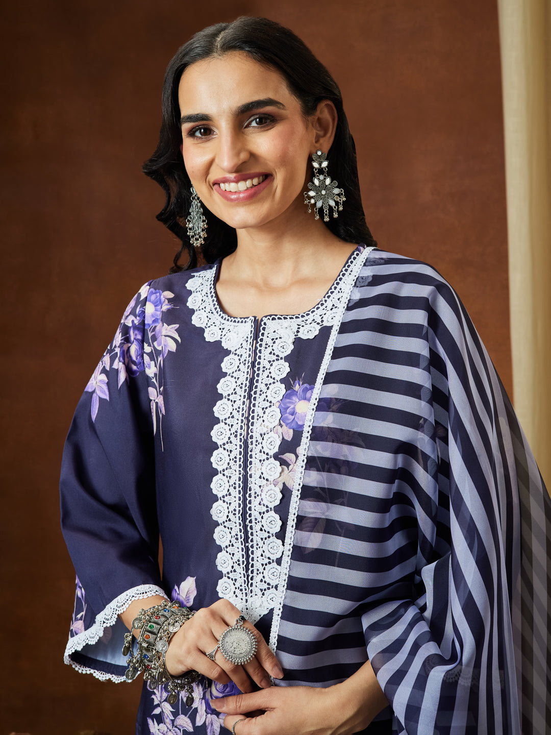 Janasya Women's Purple Cotton Blend Floral Printed Straight Kurta Set