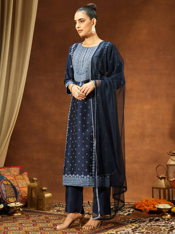 Janasya Women's Navy Blue Silk Blend Ethnic Printed Straight Kurta Set