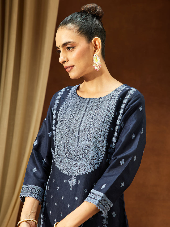 Janasya Women's Navy Blue Silk Blend Ethnic Printed Straight Kurta Set