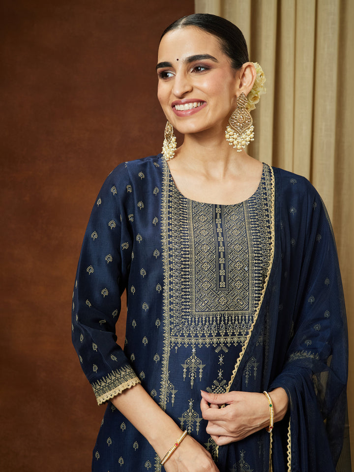 Janasya Women's Navy Blue Silk Blend Ethnic Printed Straight Kurta Set