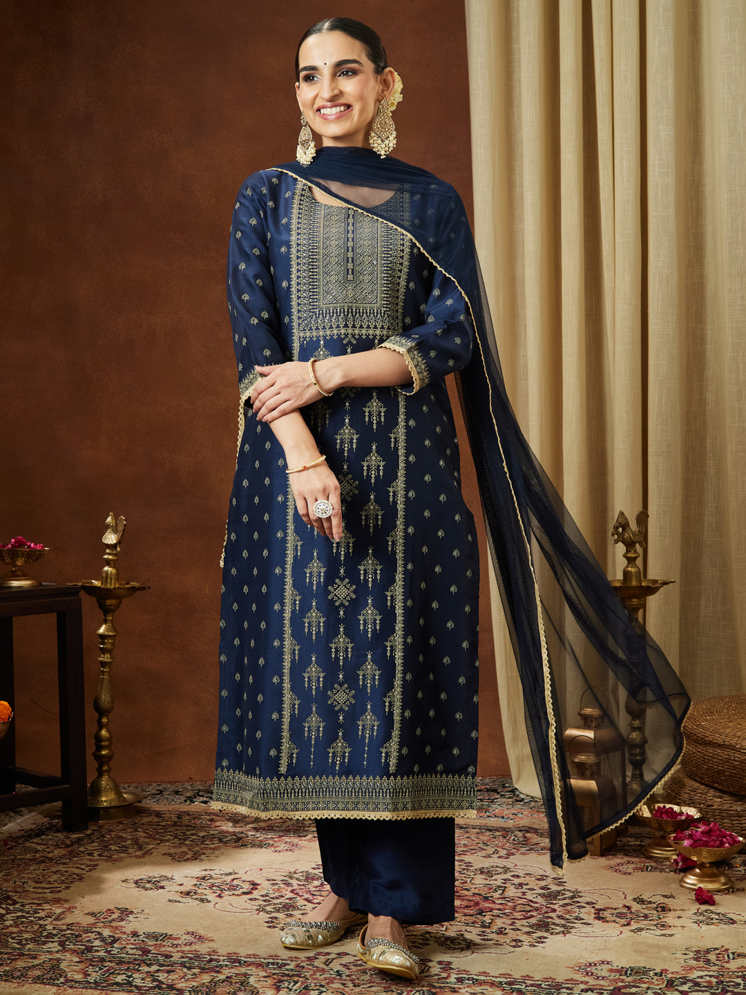 Janasya Women's Navy Blue Silk Blend Ethnic Printed Straight Kurta Set