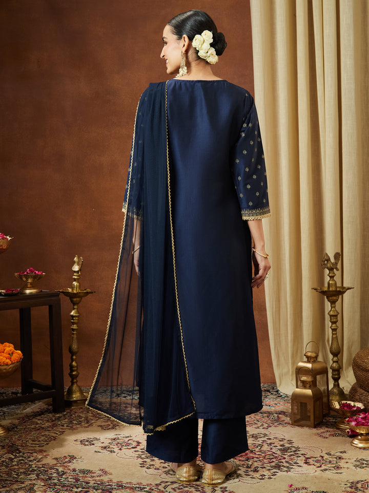 Janasya Women's Navy Blue Silk Blend Ethnic Printed Straight Kurta Set