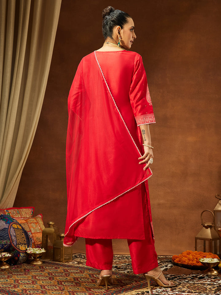 Janasya Women's Red Silk Blend Ethnic Printed Straight Kurta Set