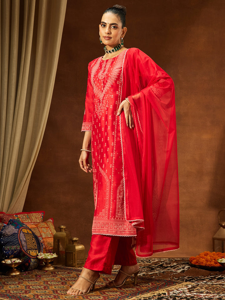 Janasya Women's Red Silk Blend Ethnic Printed Straight Kurta Set