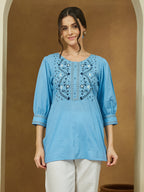Janasya Women's Sky Blue Pure Cotton Embroidered Straight Tunic
