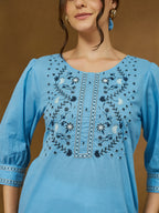 Janasya Women's Sky Blue Pure Cotton Embroidered Straight Tunic