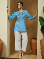 Janasya Women's Sky Blue Pure Cotton Embroidered Straight Tunic