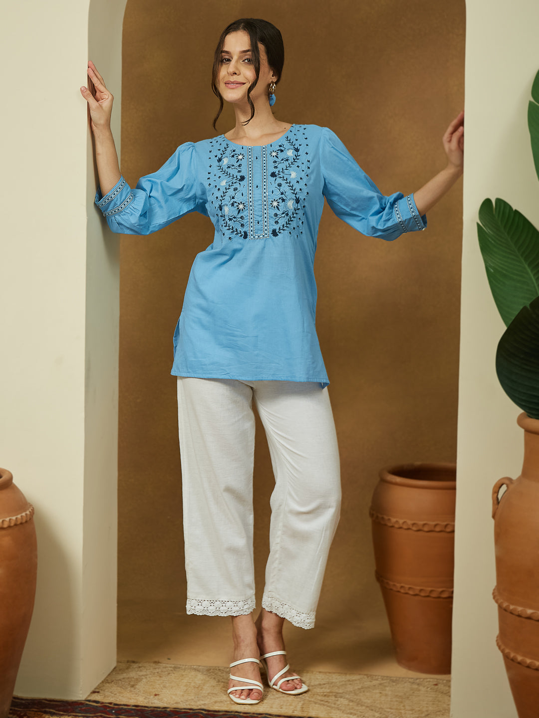 Janasya Women's Sky Blue Pure Cotton Embroidered Straight Tunic
