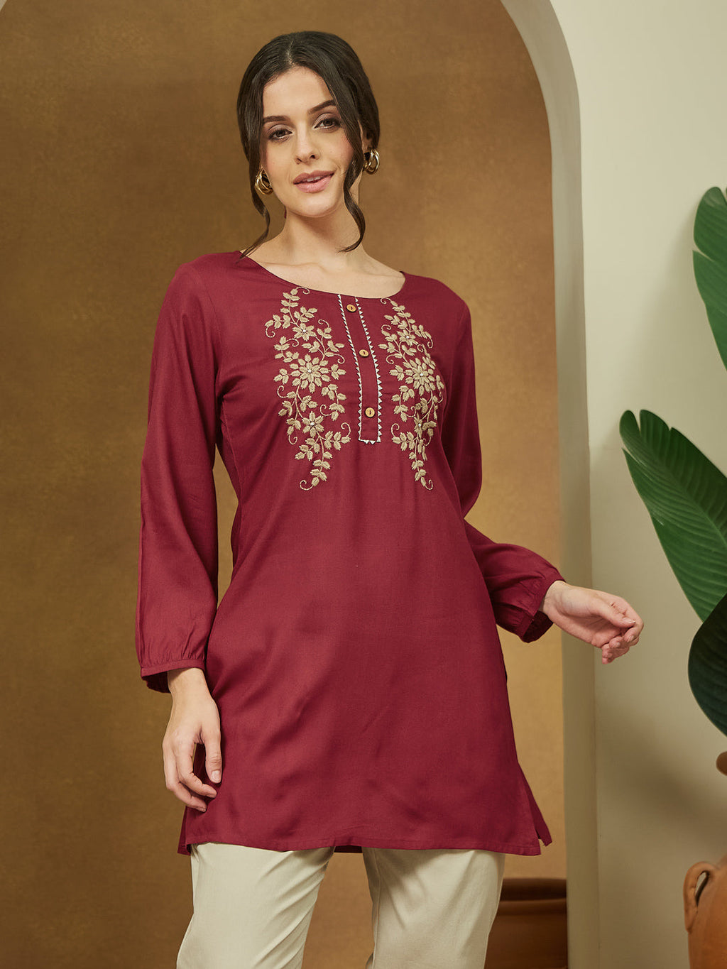 Janasya Women's Maroon Rayon Embroidered Straight Short Kurti