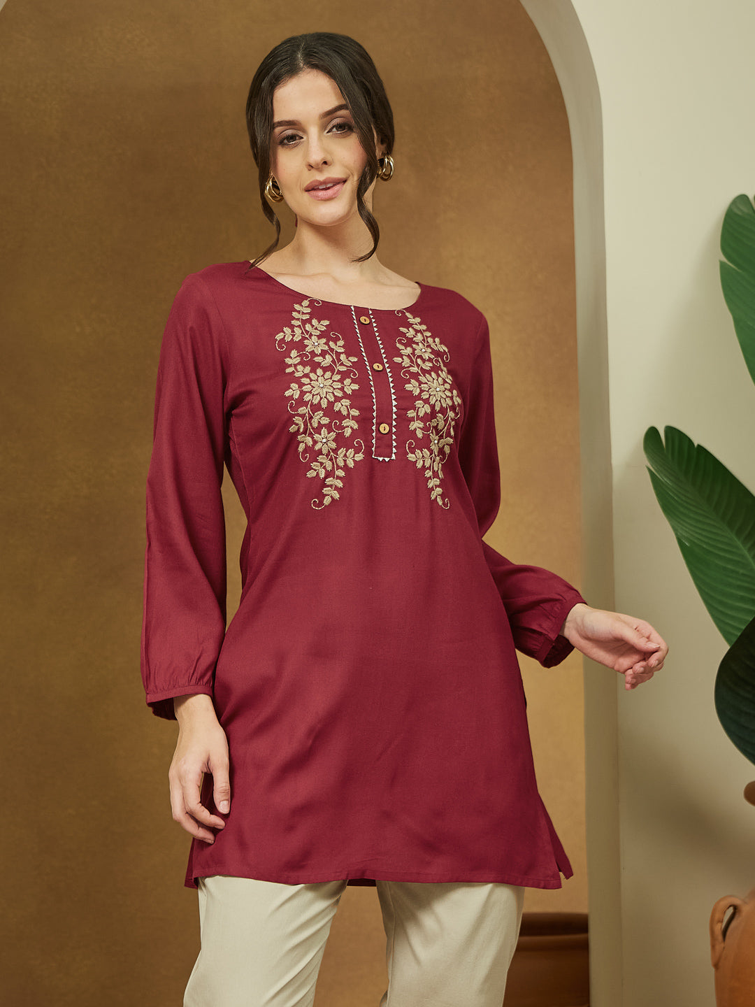 Janasya Women's Maroon Rayon Embroidered Straight Short Kurti